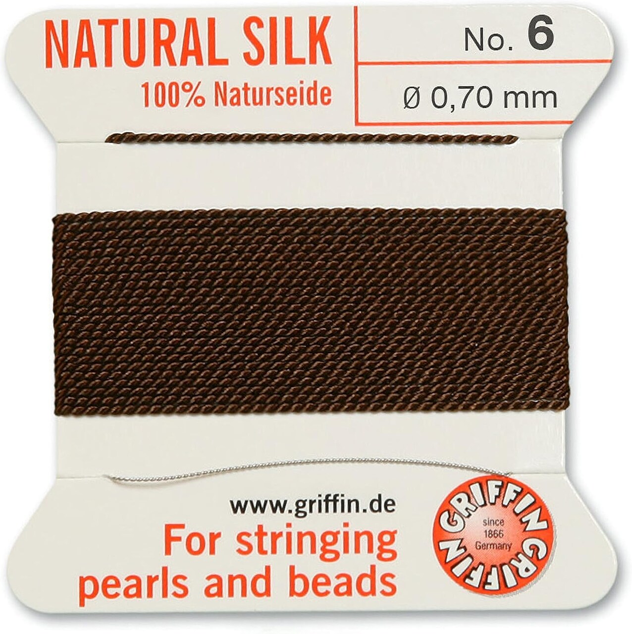 Griffin Silk Bead Cord Perlseide – Size 6 (0.70mm) – 2 Meters per Card – Stainless Steel Needle Attached – for Knotting Pearls, Gemstones, Crystals and Beads